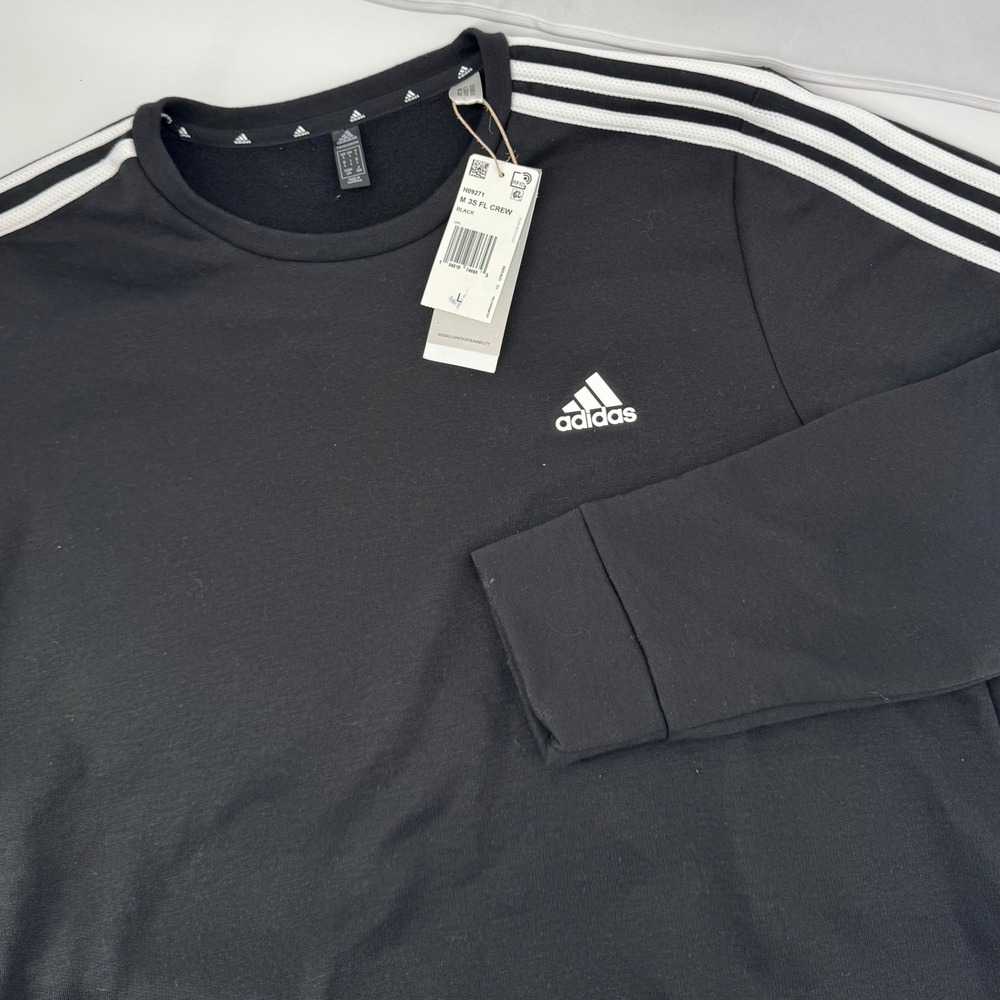 Adidas Sweatshirt Mens Large Black 3-Stripes Fleece Crewneck H09271 NWT